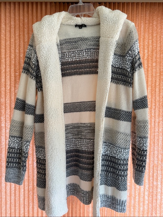 Lety & Me Sweaters - Let’s & Me Cozy Hooded Open-Front Sweater Cardigan in Cream and Gray size M